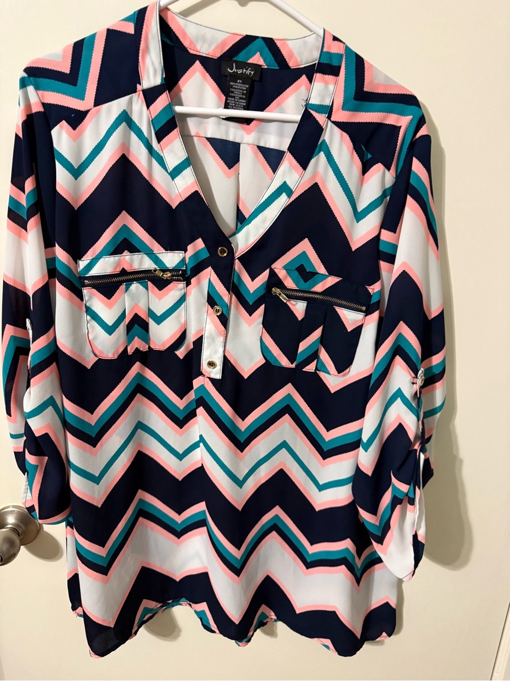 Justify Chevron V-Neck Blouse in Navy, Pink & Teal